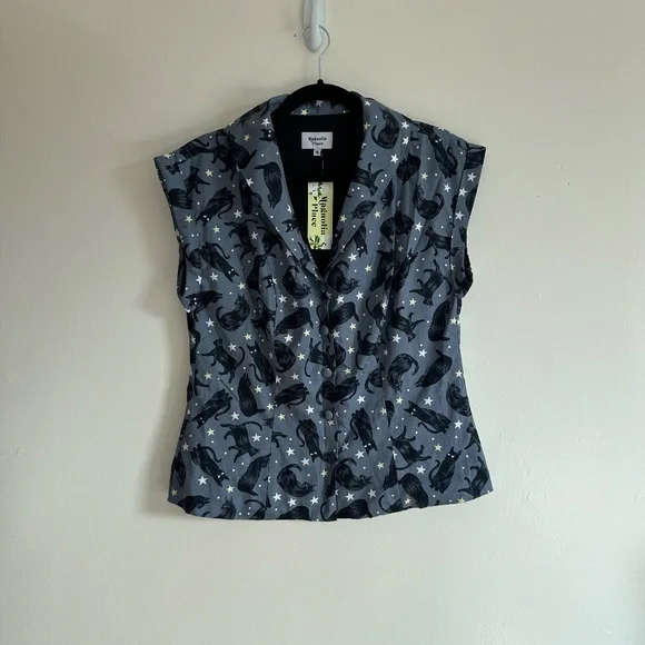 Magnolia Place Retro Black Cat Star Print Button Down Top/Vest, NWT - Picture 7 of 7